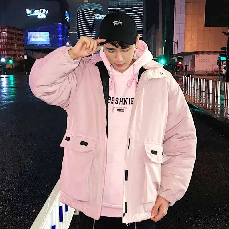 Pink Куртка в уличном стиле Мужская Зимняя Повседневная розовая фиолетовая парка Homme Толстая ветровка ветрозащитная верхняя одежда стеганая куртка Теплая мужская одежда - Цвет: Pink