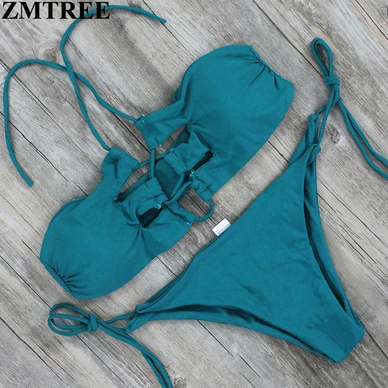 ZMTREE бикини 2017 бандажный комплект женский купальник однотонный пляжный купальный