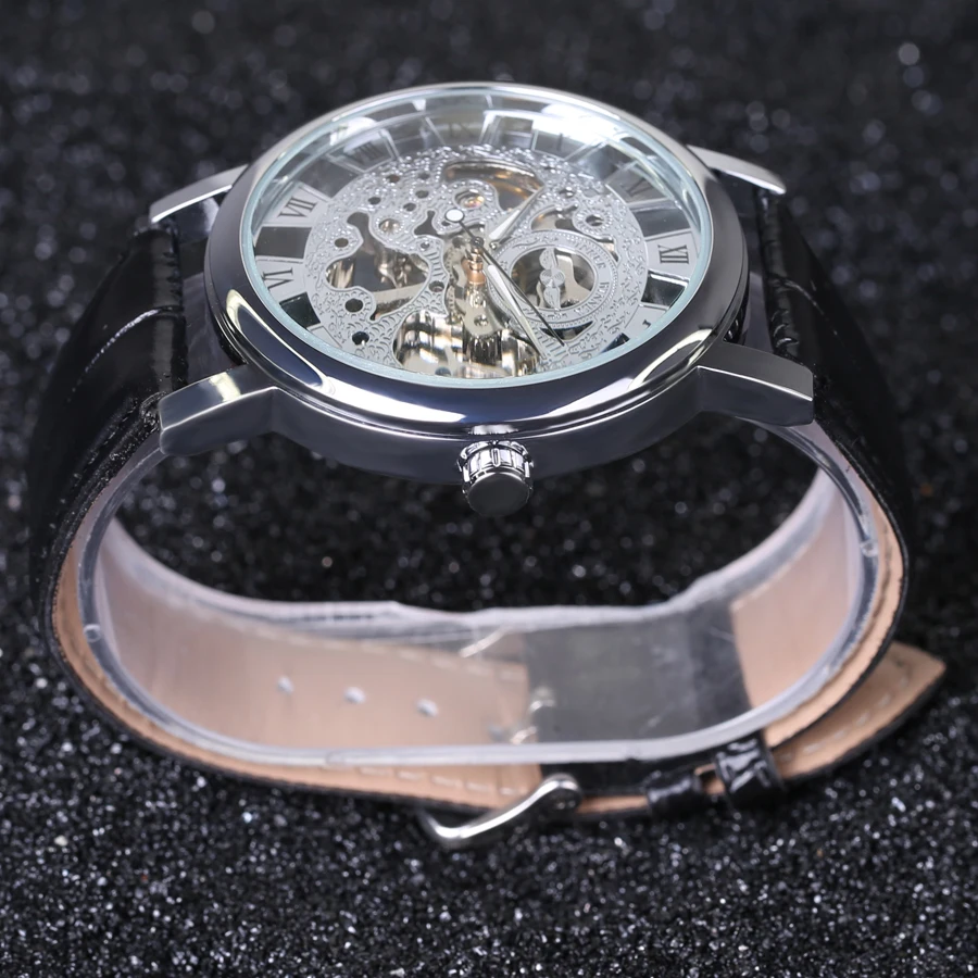 Мужские механические наручные часы-скелетоны Winner с кожаным ремешком прозрачные