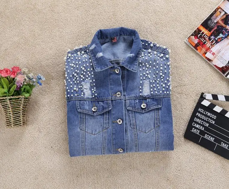Женская винтажная джинсовая куртка с длинным рукавом свободная бусинами 2019 |