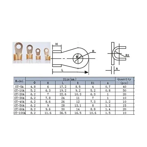 SHGO-Open Barrel Wire Crimp Connector Copper Ring Lug Terminals Assortment Kit OT 5A 10A 20A 30A 40A 50A 60A 100A (Pack of 185) |