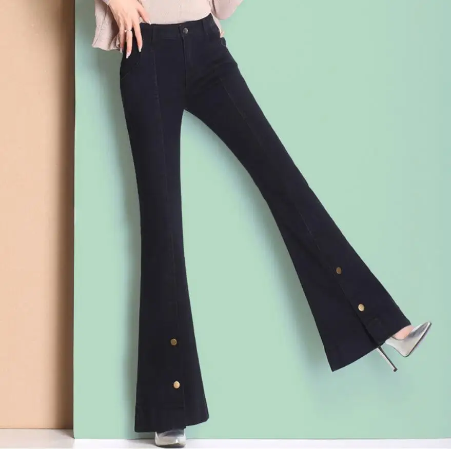 2019 Spring and Autumn new women's high waist flare jeans slim split trumpet trousers denim pants plus size r1477 |