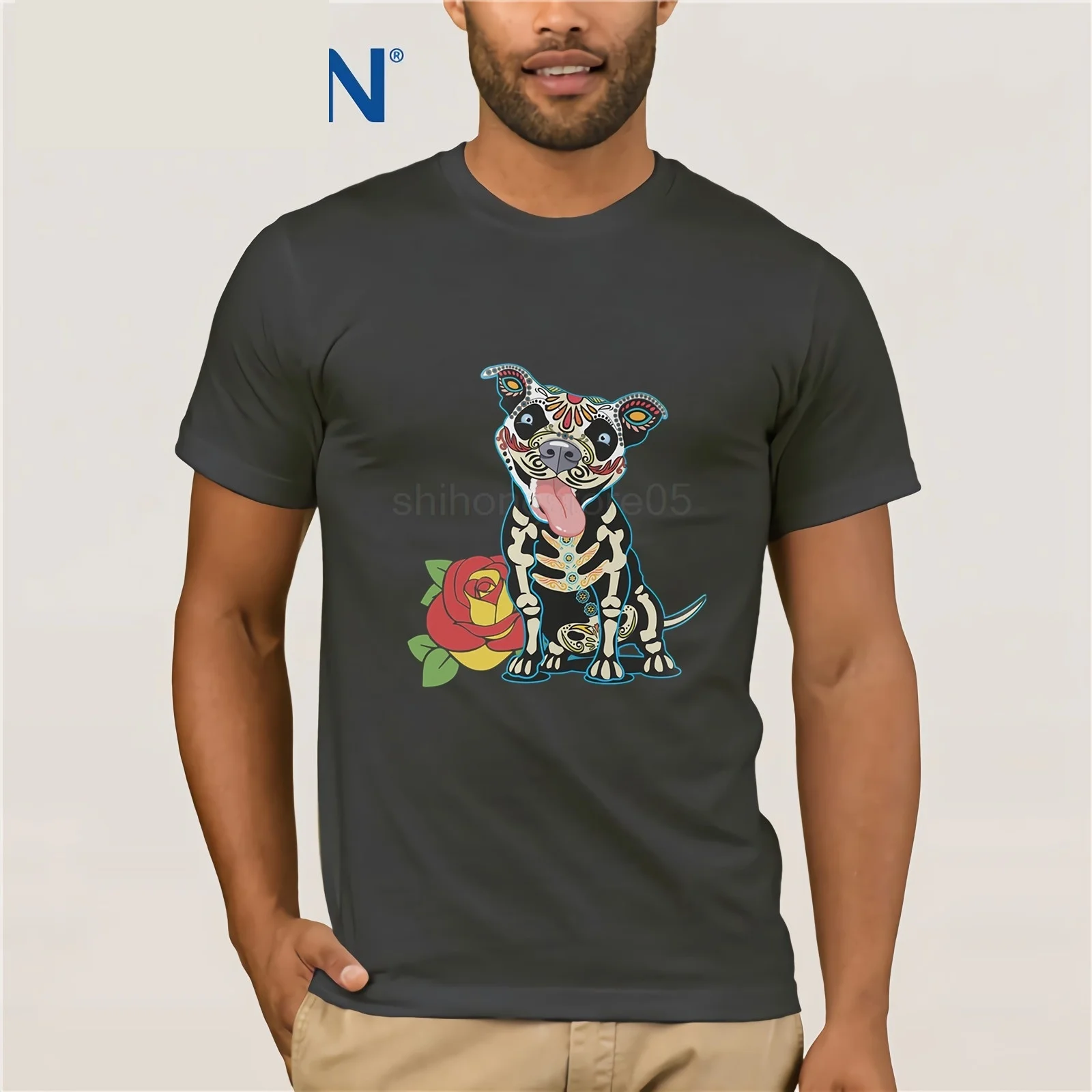 Day of The Dead Pitbull Tshirt T-shirt t shirts Short Casual Cotton O-Neck Broadcloth | Мужская одежда