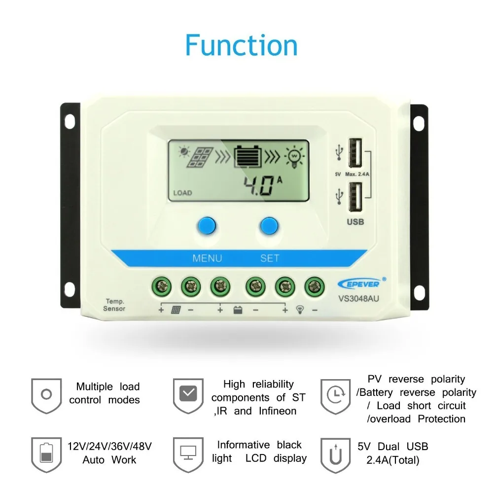 EPEVER 30A 45A 60A PWM солнечные контроллеры заряда 12В 24В 36В 48В регуляторы двойной USB вход