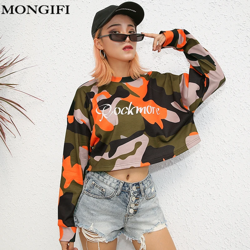 MONGIFI письмо Камуфляж Толстовка Для женщин укороченный топ Camo Hoodie Толстовки с
