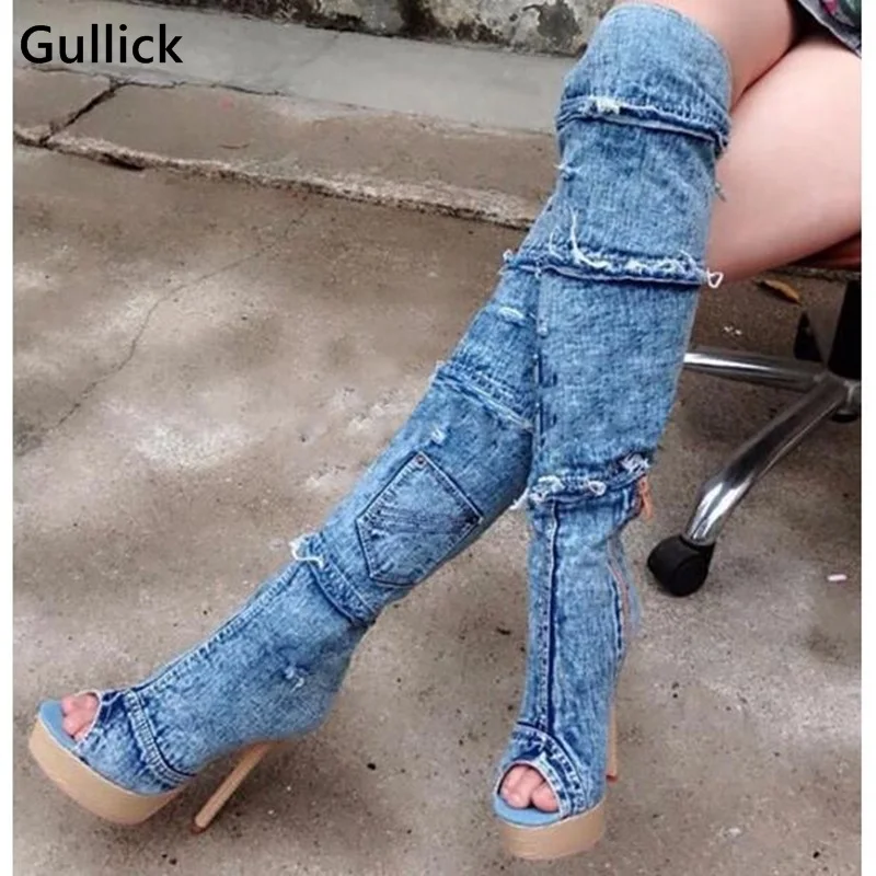 Gullick/женские высокие сапоги выше колена из джинсовой ткани в стиле пэчворк Летние