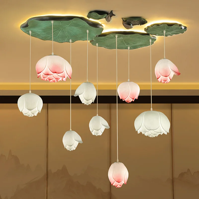 Modern New Chinese Style Lotus Chandelier Hotel Living Room Dining Room Bedroom Stairway Aisle Light Chinese Lotus Lightin