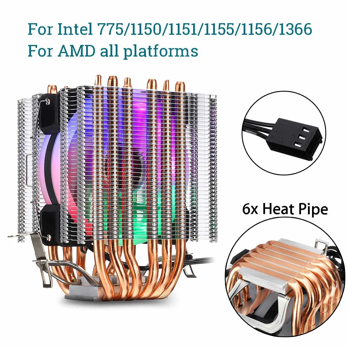 4pin/3Pin охлаждающий вентилятор для процессора 6 тепловых трубок Охлаждающий