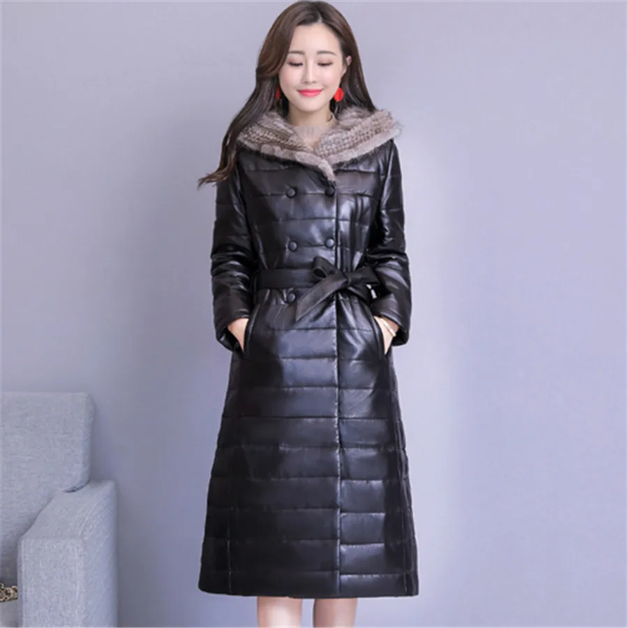 2019 new high-end high-quality fur collar PU leather down jacket cotton large size loose hooded coat long women's clothing 3XL | Женская