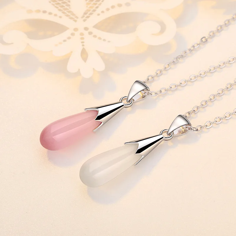 Solid 925 Sterling Silver Tone Teardrop Necklace Natural Pink Crystal Moonstone Neclaces for Women Colar Feminino Cruz SN005 | Украшения и