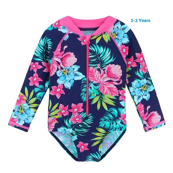 Navy flower 1-2 Year BAOHULU UPF50 летняя одежда для купания для маленьких девочек, одежда для купания с длинными рукавами и цветочным рисунком для девочек, детские купальные костюмы, одежда для купания для младенцев - Цвет: Navy flower 1-2 Year