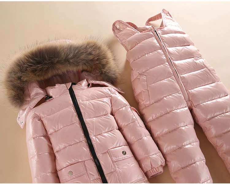 New Kids Down Suit Winter Warm Boy Girls Clothing Children Sets 2pcs Jackets Pants Windproof Waterproof Fur Hooded Collar