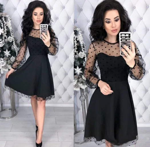 Модное лоскутное кружевное платье в горошек, женское винтажное платье с круглым вырезом размера плюс для вечеринок, женское шикарное тонкое осеннее платье трапециевидной формы с длинными рукавами