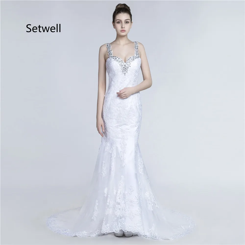 

Setwell Sexy V-Neck Backless Wedding Dresses High Quality Sequin Applique Lace Wedding Dress Sweep Train Long Wedding Gowns