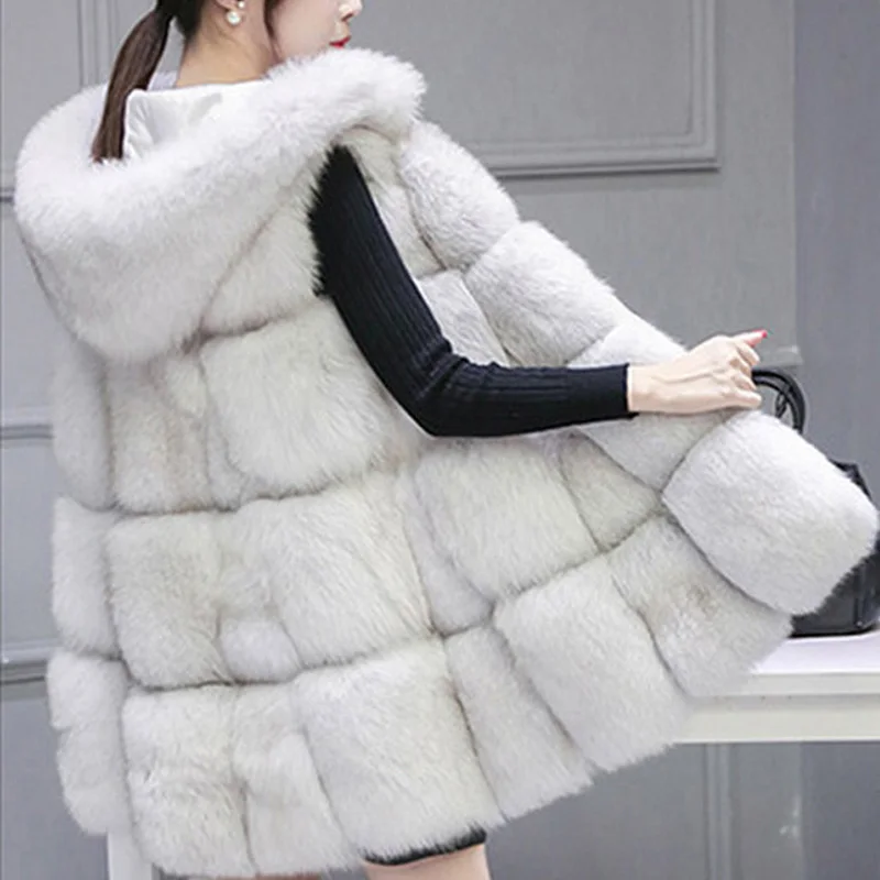 2019 Autumn Winter Furry Medium Long Women Hooded Faux Fur Vests Artificial Fox Vest Plus Size 4XL Cloak Style Waistcoat | Женская
