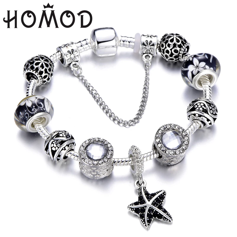 HOMOD Fashion Gift Jewelry Starfish Pendant Charm Bracelet With Crystal Beads Brand Bracelets For Women Summer Accessories | Украшения и