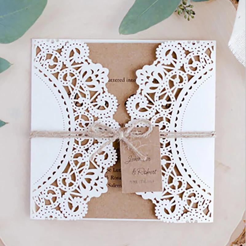 

(50 pieces/lot) Laser Cut Lace Invitation Card With Hemp Rope Birthday Invitations With Kraft Paper And Kraft Envelopes IC117