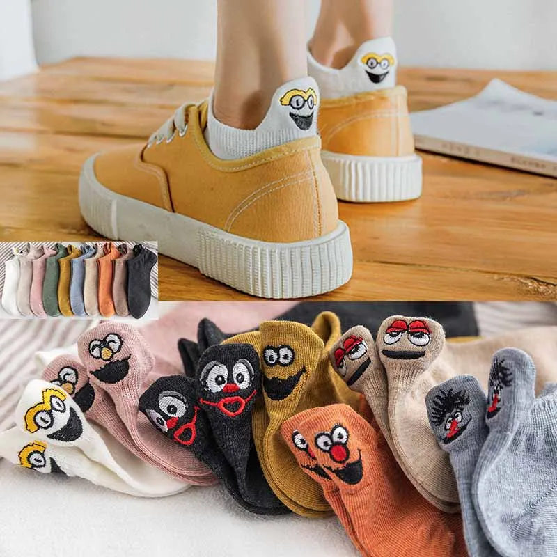 Kawaii вышитые выразительные женские носки счастливые Модные ботильоны забавные Женские носочки хлопковые летние 1 пара ярких цветов