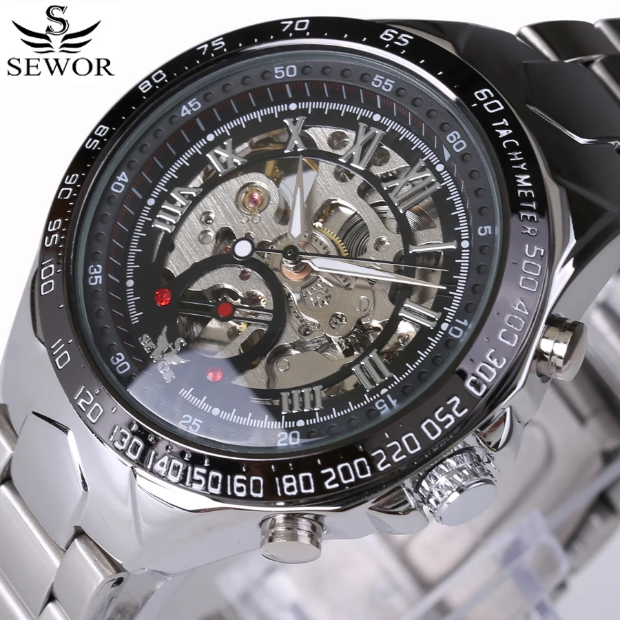 

SEWOR Skeleton Mechanical Watch Luxury Men Silver Waterproof Fashion Casual Military Brand Sports Watches Full Steel Relogios