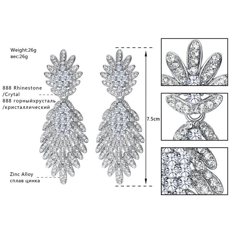 Длинные висячие серьги Mecresh в виде растения для невесты серебряный цвет стразы с