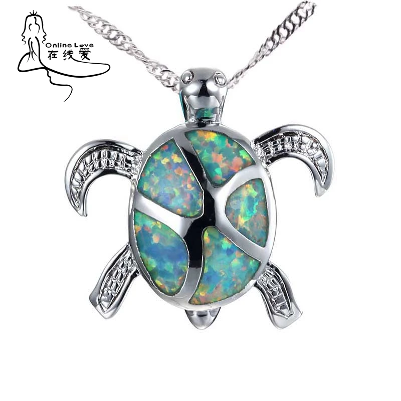 Ожерелье с подвеской в виде морской черепахи голубым огненным опалом|f pendant|blue fire