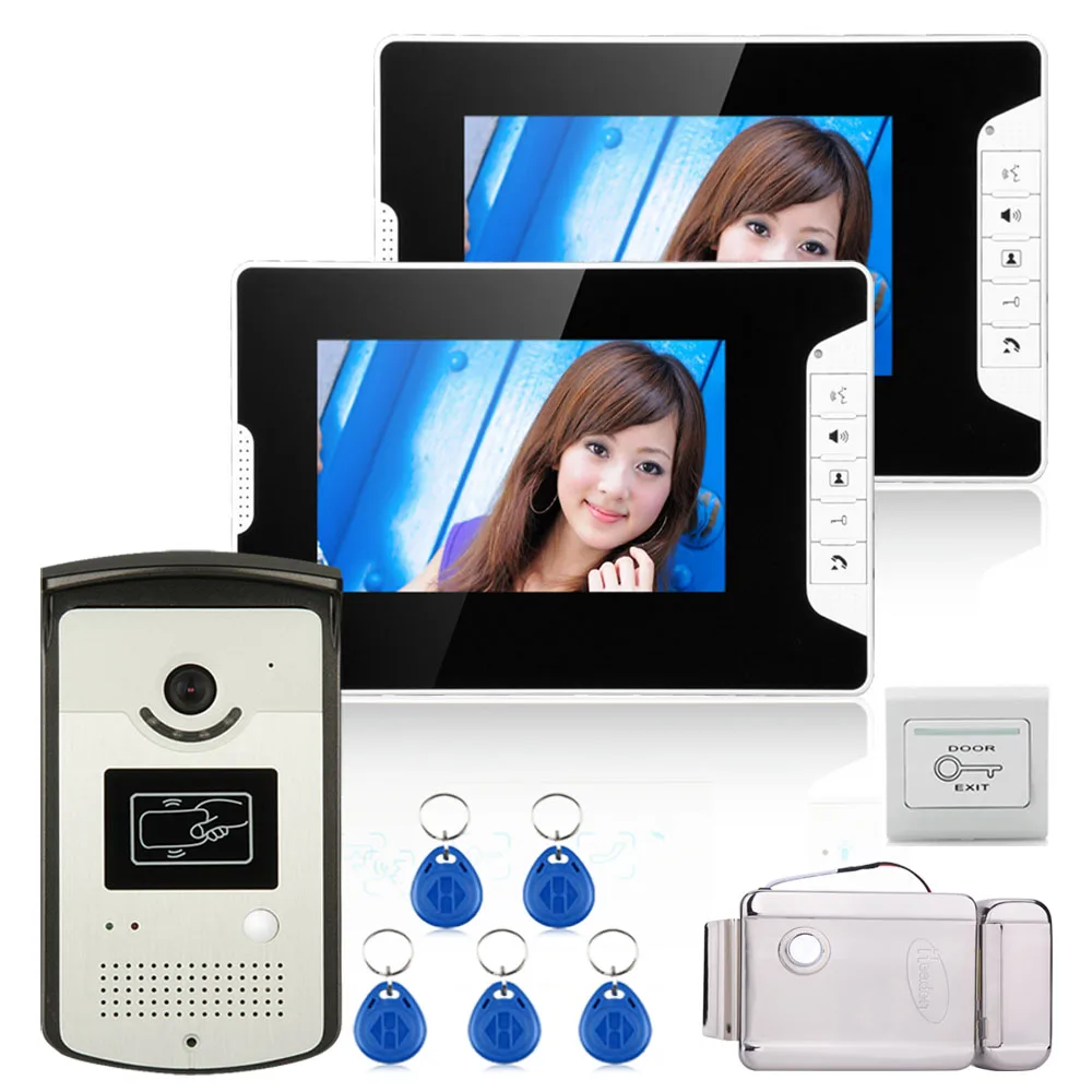 

7 "TFT цветной видеодомофон с 2 мониторами 1 RFID HD дверной звонок 1000TVL камера + электрический замок (без замка)