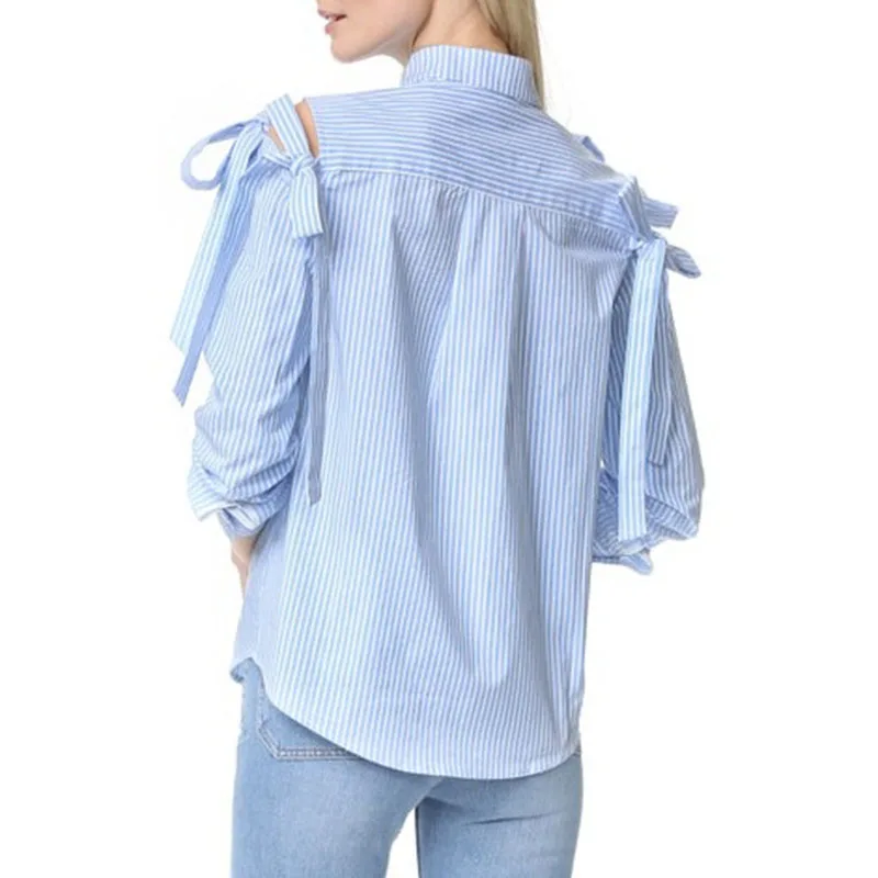 Лук Узел светло голубой в полоску блузка 2017 Для женщин Однобортный повседневная
