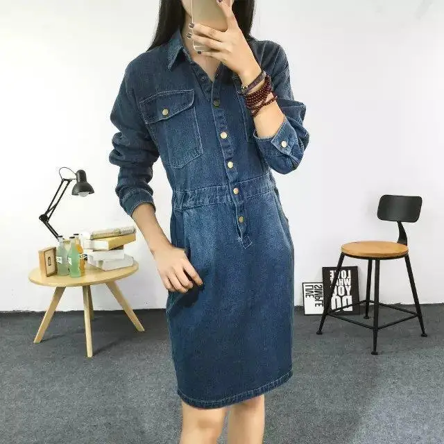 Весеннее платье Для женщин 2018 джинсовые отложной воротник slim типа Новинка для