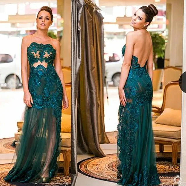 Элегантный Темно-Зеленый Без Бретелек Линии Вечерние Платья Аппликации Открыть