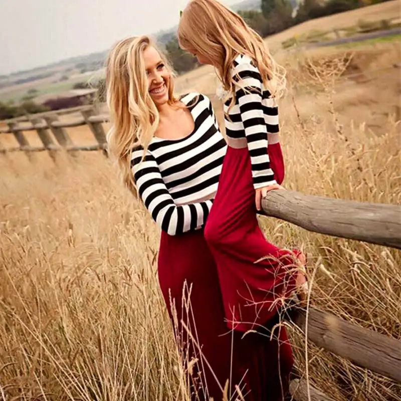 Mother Daughter Dresses Family Look Matching Clothes long sleeve striped cotton mom and daughter dress outfit baby girl clothing | Мать и