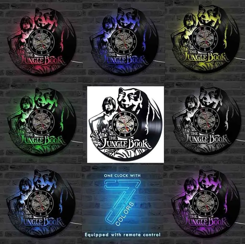 D-7 LED color change Настенные часы книги джунглей современный дизайн мультфильм 3D украшения виниловые часы-пластинка с 7 цветов Изменение светодиодный стены домашние декоративные часы - Цвет: D-7 LED color change