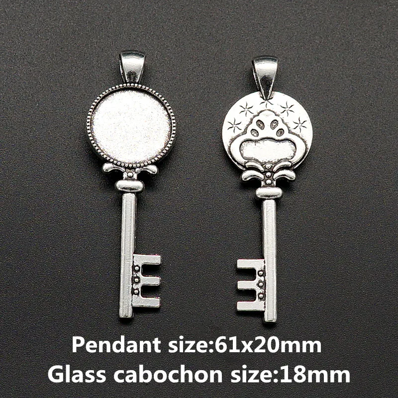 

10pcs Key Antique Silver plated Necklace Pendant Setting Cabochon Cameo Base Tray Bezel Blank Fit 18mm glass cabochon