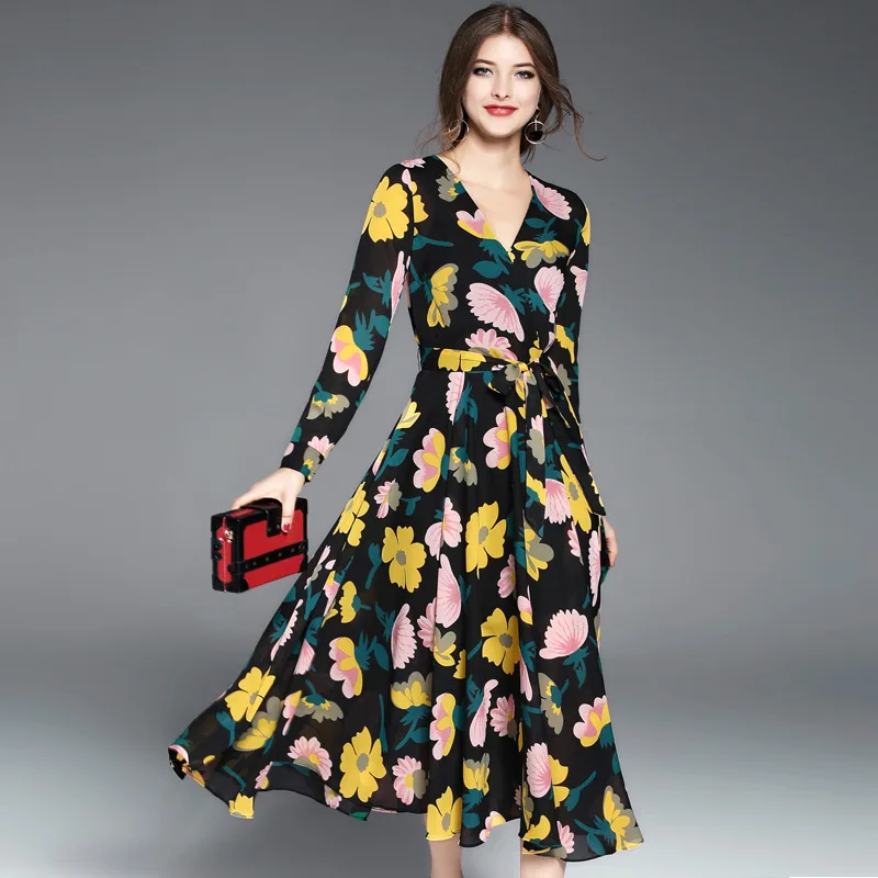 Длинные платья весна Новинка 2017 Повседневное с длинными рукавами и принтом