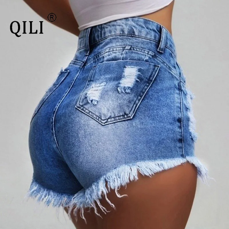 

QILI 2019 Summer Women Denim Shorts Blue Gray Tassel Hole Zipper Pockets Shorts Plus Size Short Pants