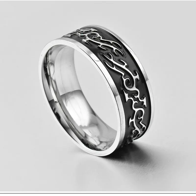 AMGJek кольцо из титановой стали мужское панк-украшение с черным эмалевым драконом и серебряным металлом внутри, размер США 7-11 JZ075.