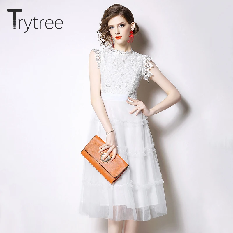 Trytree летнее осеннее платье женское повседневное кружевное с круглым вырезом без