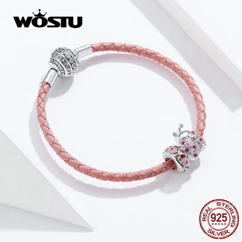 WOSTU подлинное серебро 925 пробы Красная Божья Коровка Браслеты с подвесками &