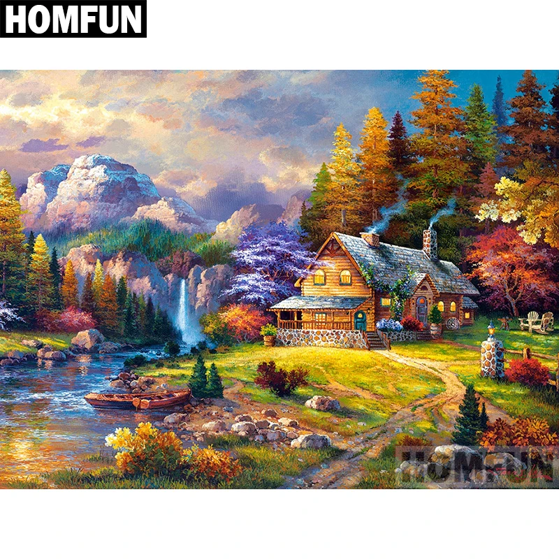 Алмазная живопись HOMFUN A02681 полноразмерная/круглая вышивка домик лес 5D для