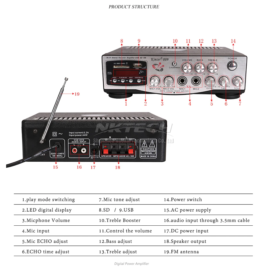 Автомобильный усилитель мощности цифровой аудиоплеер 2x30 Вт RMS HiFi USB SD MP3 FM MIC1 MIC2 VOL