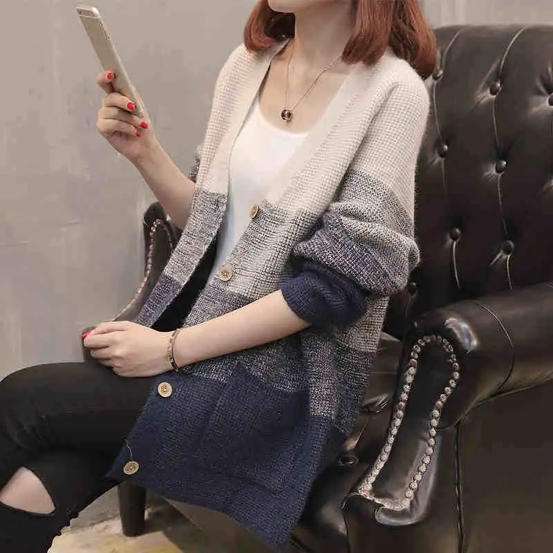 2020 Spring New Women Sweater Fashion Slim Knit Cardigan Patchwork Females Jacket Casual Loose Wild Coat UX65 |