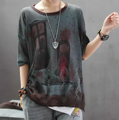 coffee Новинка, летняя вязаная футболка в этническом стиле ретро, льняная Футболка с принтом, Женский Топ - Цвет: coffee