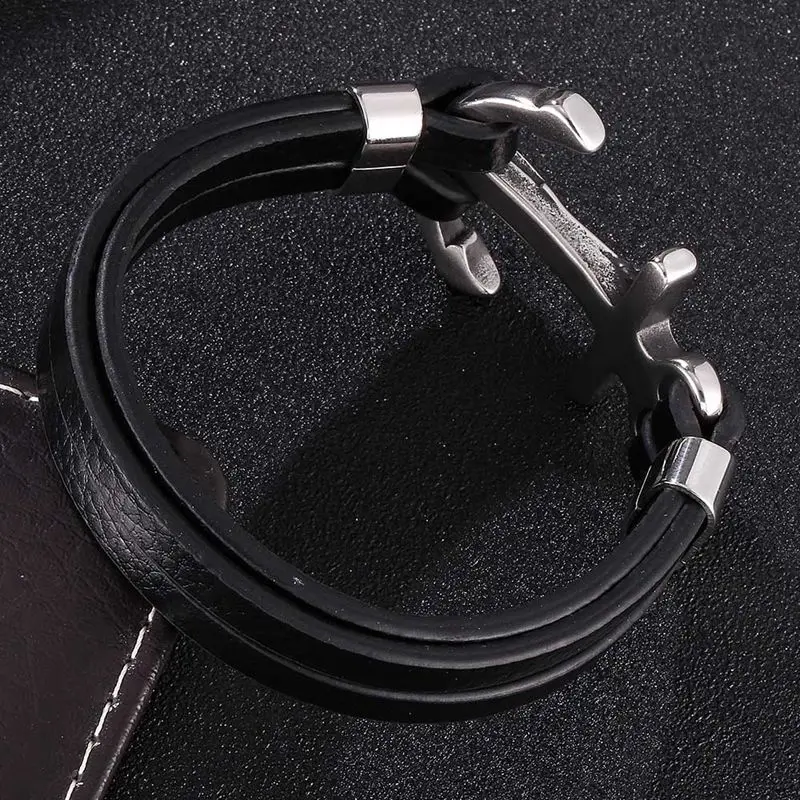Classic Male Jewelry Cross Bracelet Men Stainless Steel Anchor Charm Double Layer Leather Wrap Bracelets for Man PW781 | Украшения и