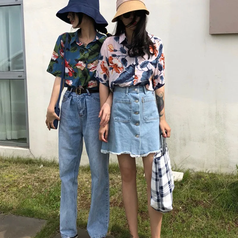 Harajuku, женская блузка и топы, с принтом, Ретро стиль, корейский стиль, короткий рукав, повседневные, Гавайские, пляжные, женские рубашки