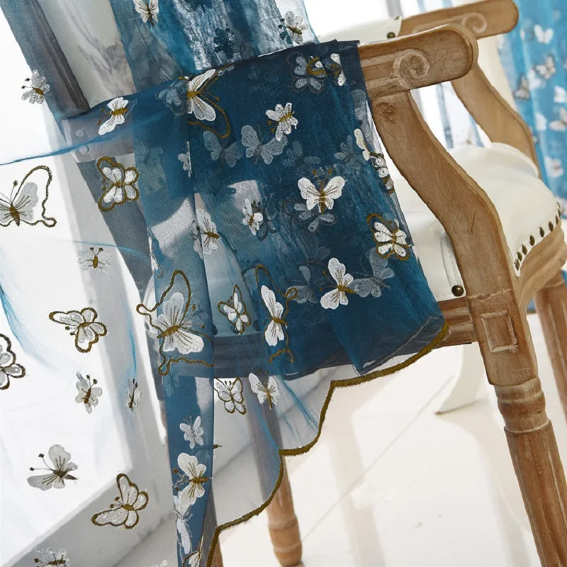 WLIARLEO Новое фатиновое Шторы вышивкой Бабочка Voile Sheer s для гостиной Декор синий