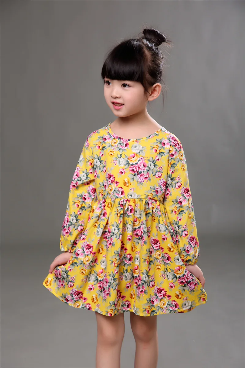2016 New Autumn Girls Dress Kids Long Sleeve Baby linen Floral Children Pleats Toddler Basic Clothes 2-6Y | Детская одежда и обувь