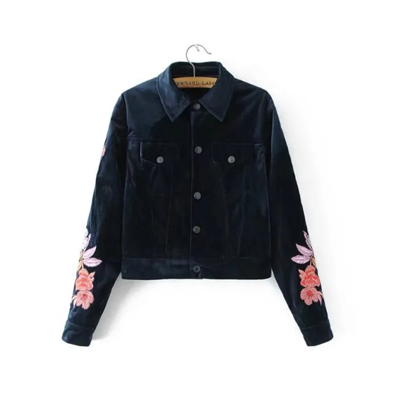 2017 женская одежда длинный рукав отворот Цветочная вышивка бархатная куртка
