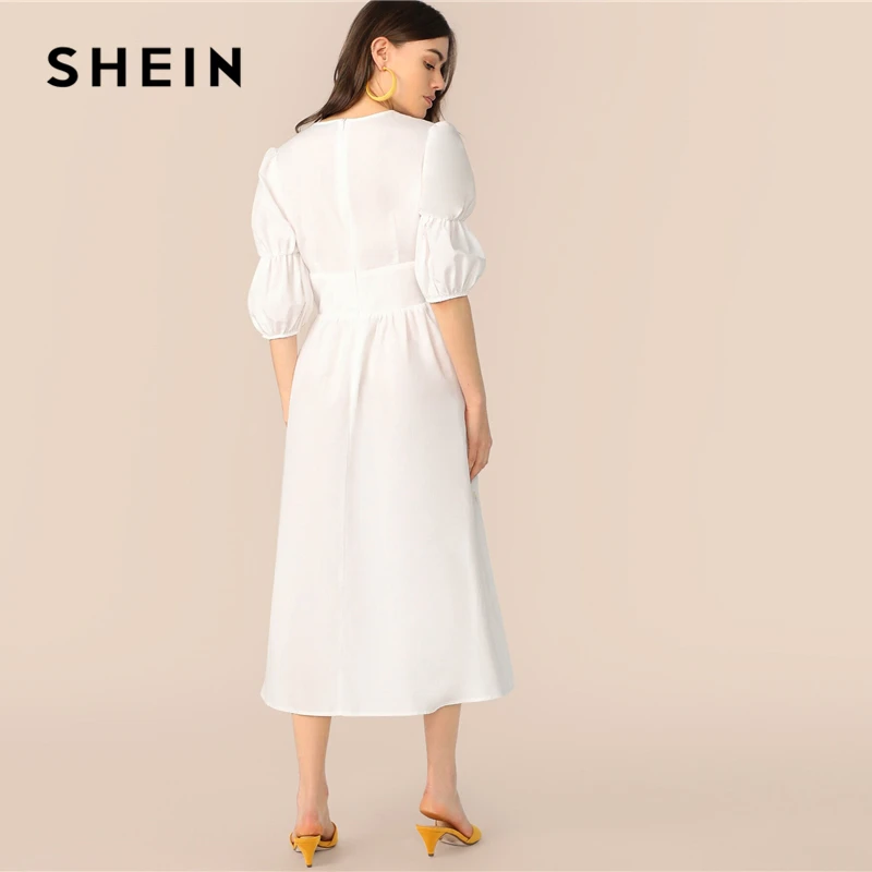 SHEIN Расклешенное Платье С Пуговицами И Оригинальным Рукавом Элегантное Летнее Платье С Средним Рукавом Женские Длинные Платья С V-Образным Вырезом