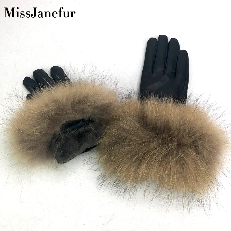 Кожаные перчатки из меха енота манжеты натуральной овечьей кожи цветные женские