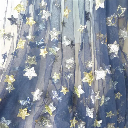Navy Blue Красивая кружевная Тюлевая ткань с вышитыми звездами и блестками для свадебного платья цвета шампанского, серого, темно-синего цвета 91 см* 150 см - Цвет: Navy Blue