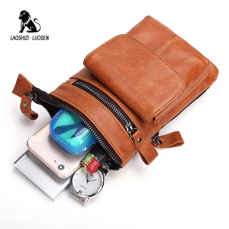 LAOSHIZI LUOSEN Fanny Pack Men Oil Wax Genuine Leather Waist Bag Phone Belt Fashion Brands Multifunction with Shoulder Strap | Багаж и